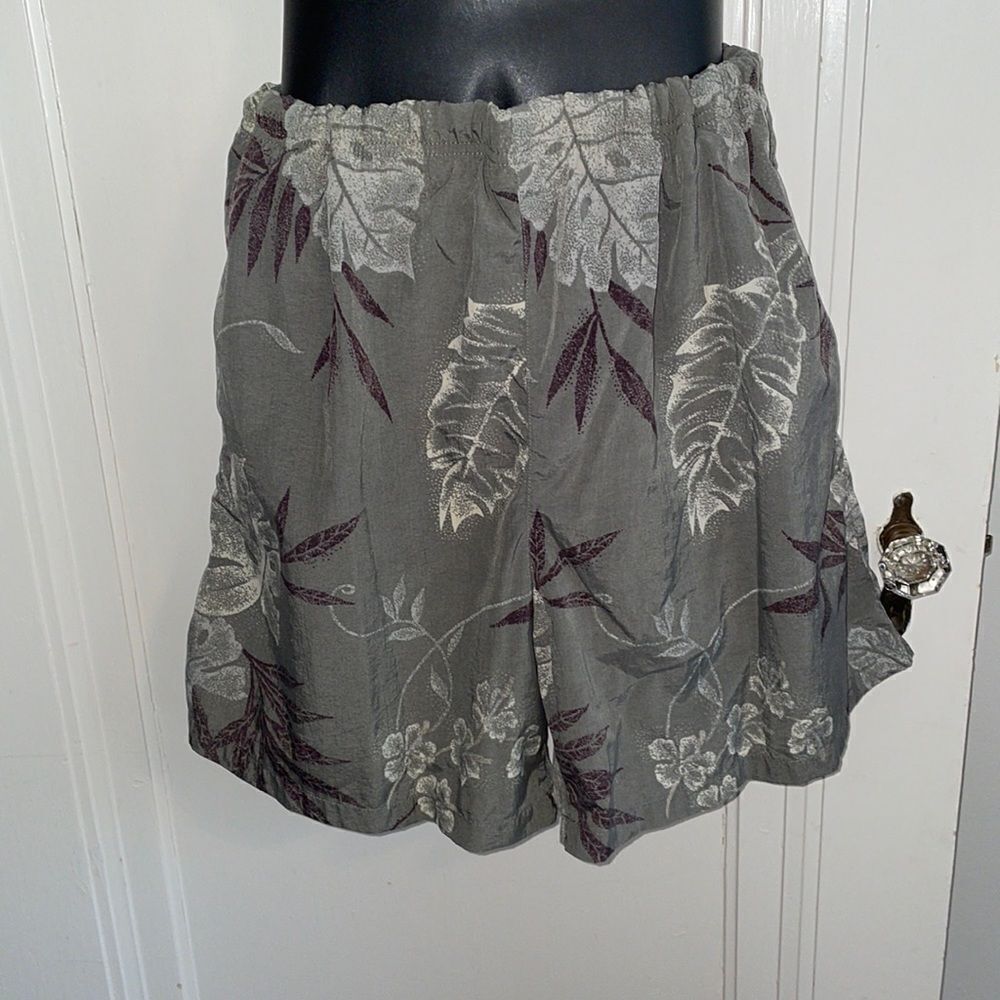 Nautica army green, cream & maroon floral‎ & leaf print nylon swim trunks